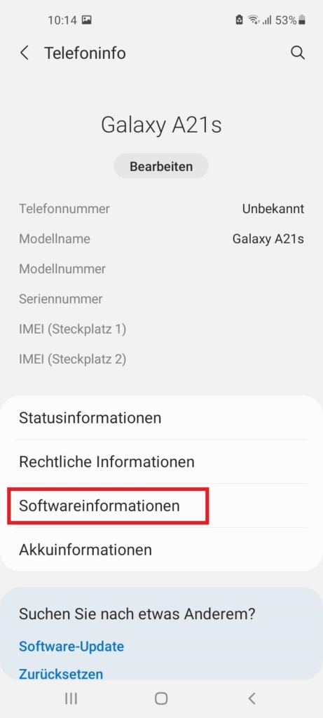 Samsung Display Flackern vermeiden.  3. Tippe Softwareinformationen an  