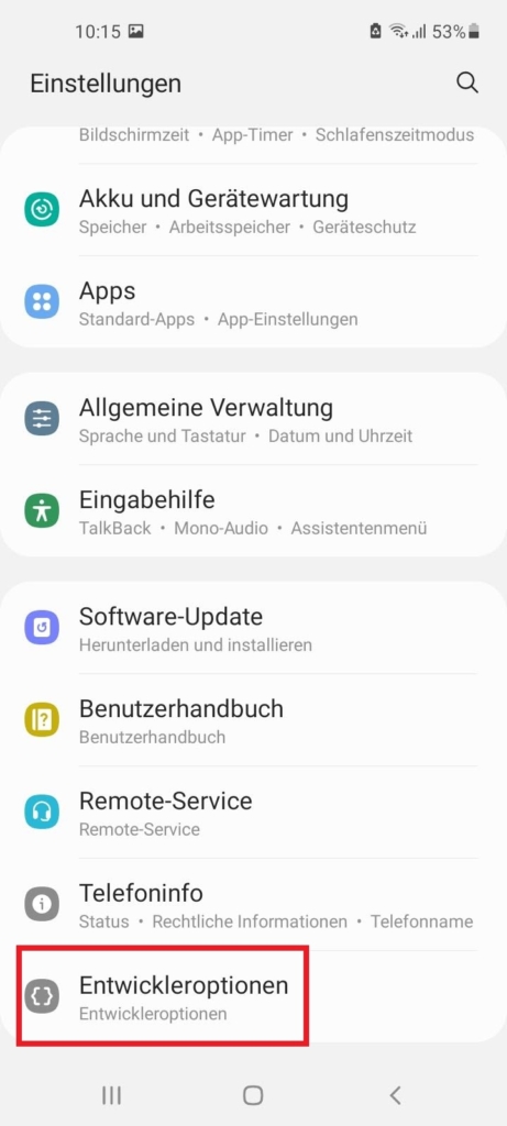 Samsung Display Flackern vermeiden.


6. Rufe nun die Entwickleroptionen unter Einstellungen auf. Diese befinden sich ganz unten.
