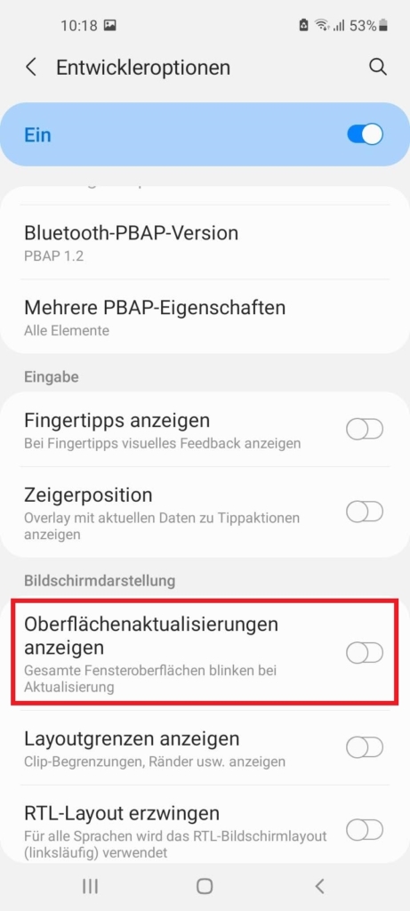 7. dans le tiers inférieur du menu se trouve le menu Affichage de l'écran. Ici, la fonction Afficher les mises à jour de l'interface doit être désactivée.  Eviter les coûts de réparation de l'écran grâce aux réglages SW.