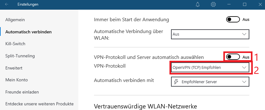 NordVPN verschleierte Server Schritt 1 Open TCP aktivieren